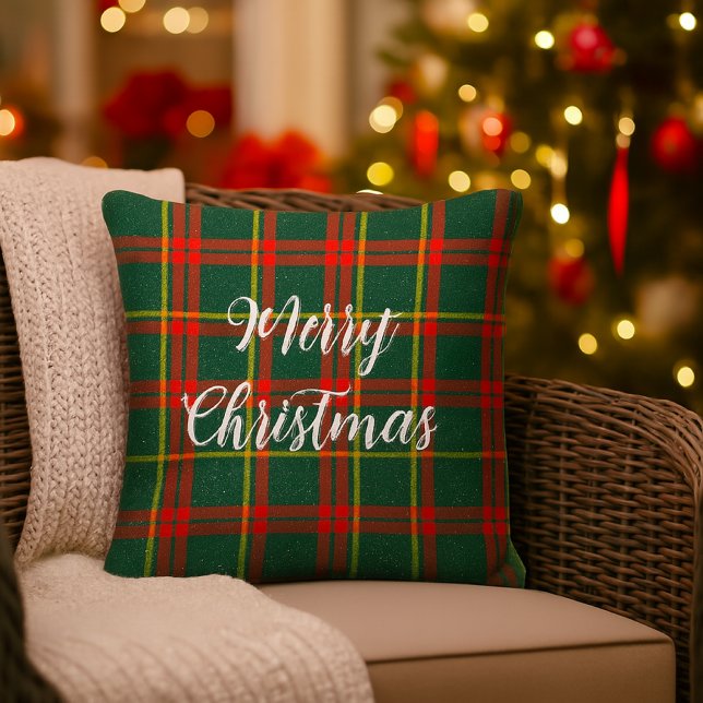 Jul Röd Grön Tartan Kudde (Red and green tartan porch or patio pillow with Merry Christmas  slogan. )