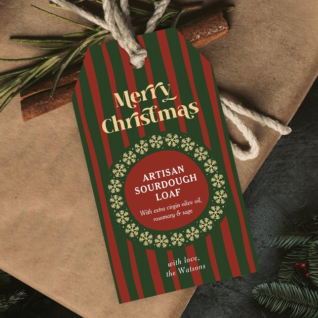 Jul Röda Gröna Ränder Handgjorda Presentkortsetike Presentetikett (Vintage Christmas handmade gifts hang tags with red and green stripe patter and retro font)