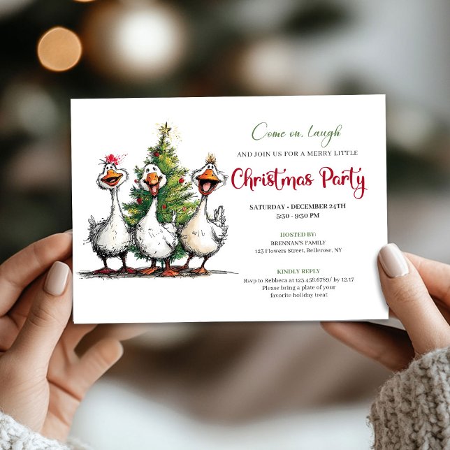 Jul Rolig Excentrisk Gås Whimsical Fest  Inbjudningar (Cute quirky goose Christmas party invitation with playful humor and whimsical cartoon artwork)