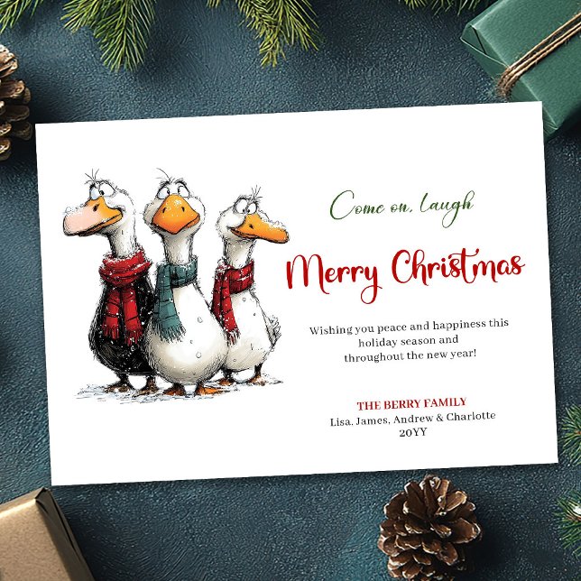 Jul Roliga Dumma Gäss Nyckfull Julkort (Christmas Funny Silly Geese Whimsy Greeting Card)