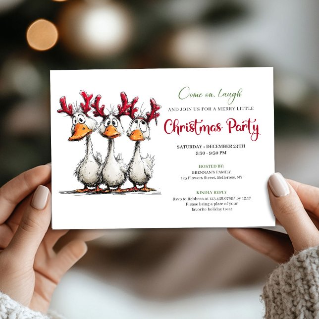 Jul Roliga Gäss Humor Lekfull Tecknad Inbjudan (Christmas Silly Geese Humor Playful Cartoon Invite)