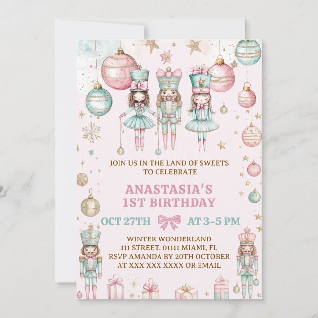 Jul Rosa Ballerinor 1-års födelsedag Inbjudningar (Framsida)