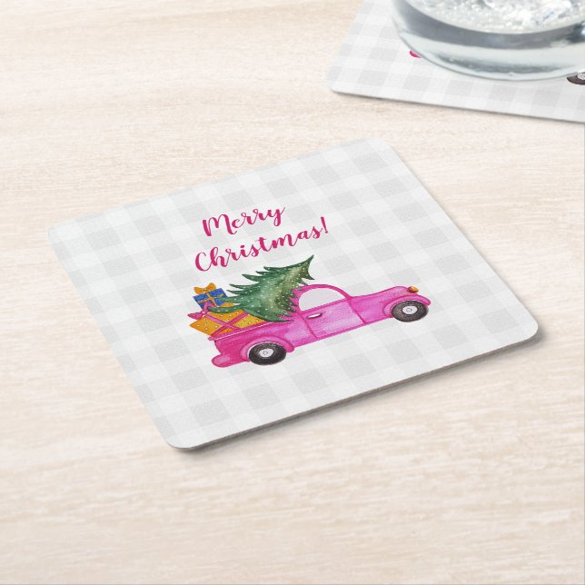 Jul Rosa Lastbil med Träd och Önskemål Underlägg Papper Kvadrat (Vinklad)