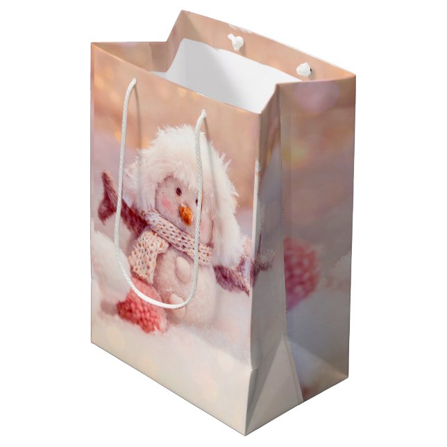 Jul Rosa & Vit Fluffig Snöman (Framsidan Vinklad)