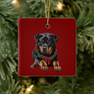 Jul Rottweiler Hund Jul Med Krans Halsband Julgransprydnad Keramik