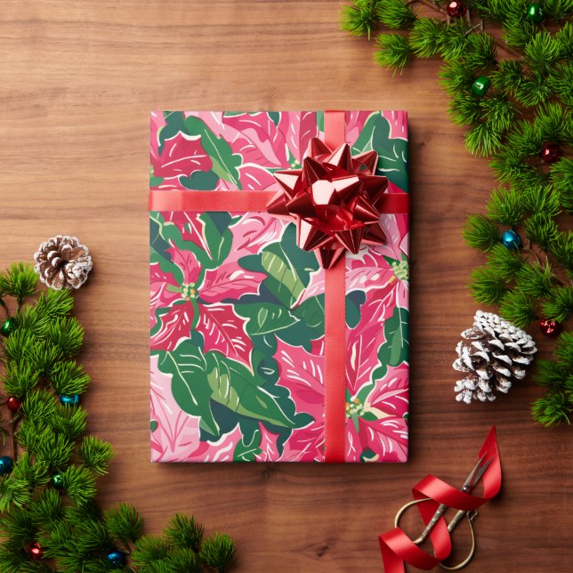 Jul Ruby Rosa Poinsettia N Blad Mönster Presentpapper (Julgåva)
