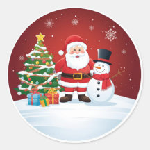 Jul rund dekal - Tomte, Snöman & Träd