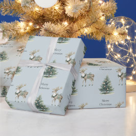 Jul Rustic Blue Grått Grönt Hjort Träd Presentpapper