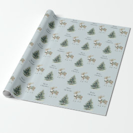 Jul Rustic Blue Grått Grönt Hjort Träd Presentpapper