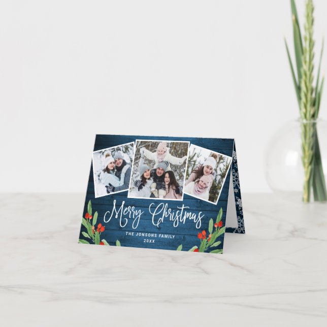 Jul Rustic Blue Wood 3 PHOTO Hälsning Helgkort (Framsida)