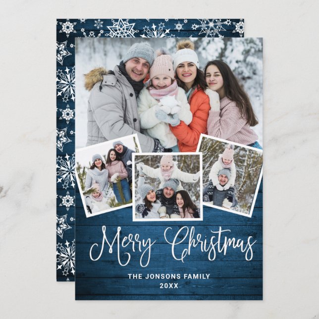 Jul Rustic Blue Wood 4 PHOTO Hälsning Julkort (Fram/baksida)