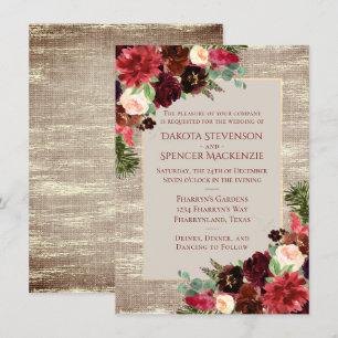 Jul Rustic Boho Blommigt Burgundy Guld Burlap Inbjudningar