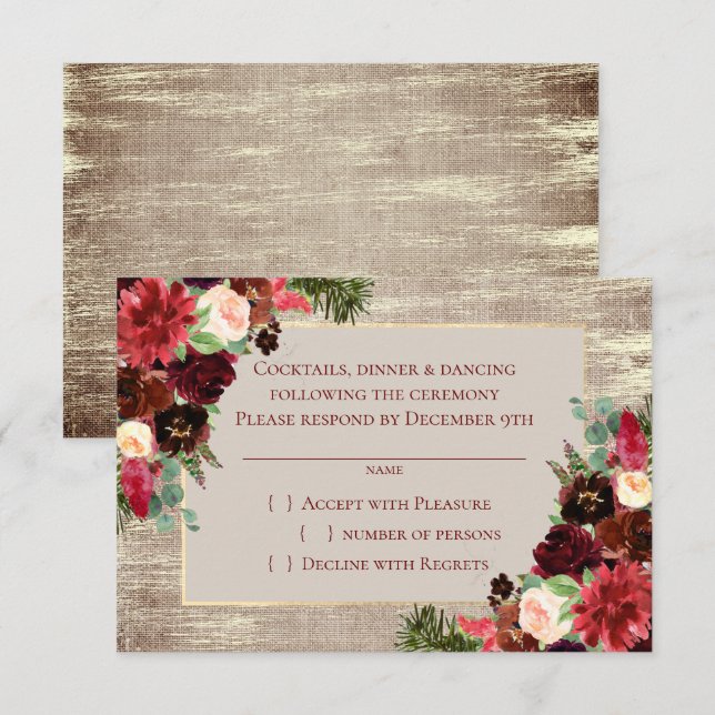 Jul Rustic Boho Blommigt Burgundy Guld Burlap OSA Kort (Fram/baksida)