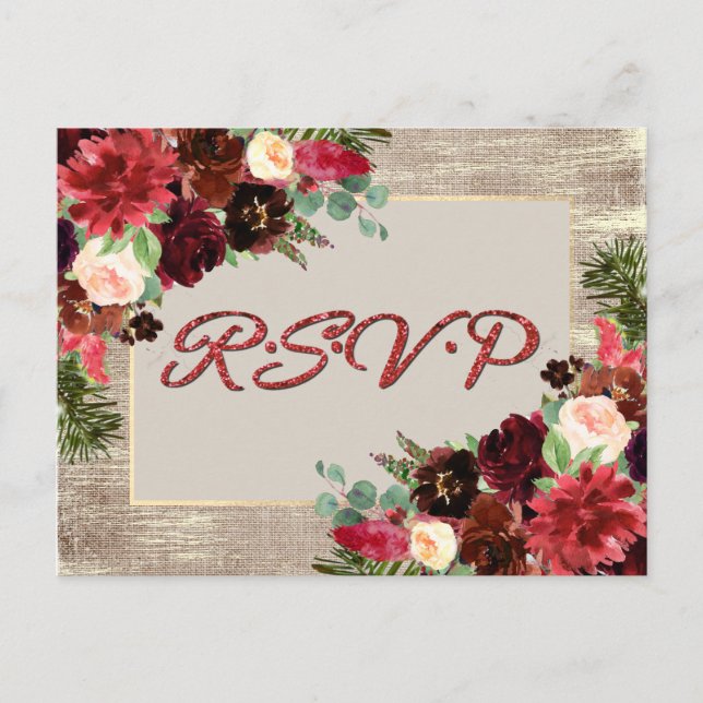 Jul Rustic Boho Blommigt Burgundy Guld OSA Vykort (Framsida)