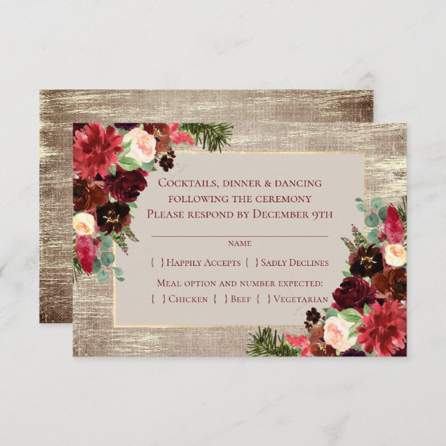 Jul Rustic Boho Blommigt Marsala Burlap Entree OSA Kort (Fram/baksida)