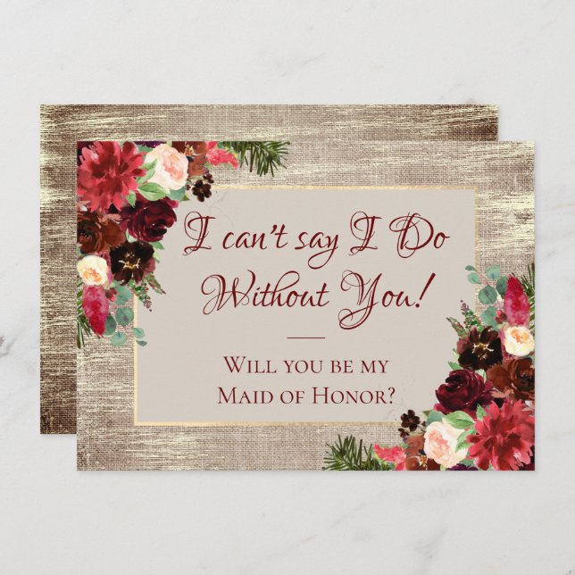 Jul Rustic Boho Burgundy Guld Brudens sida Inbjudningar (Fram/baksida)