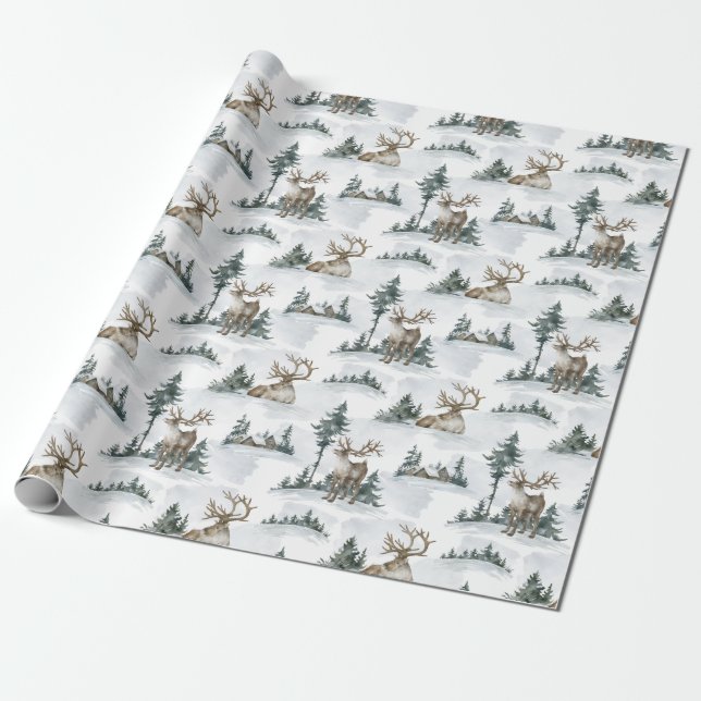 Jul Rustic Elk Hjort Reindeer Cabin Gift Presentpapper (Utrullad)