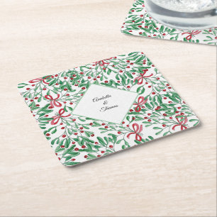 Jul Rustic Mistletoe Watercolor Hand-målat Underlägg Papper Kvadrat