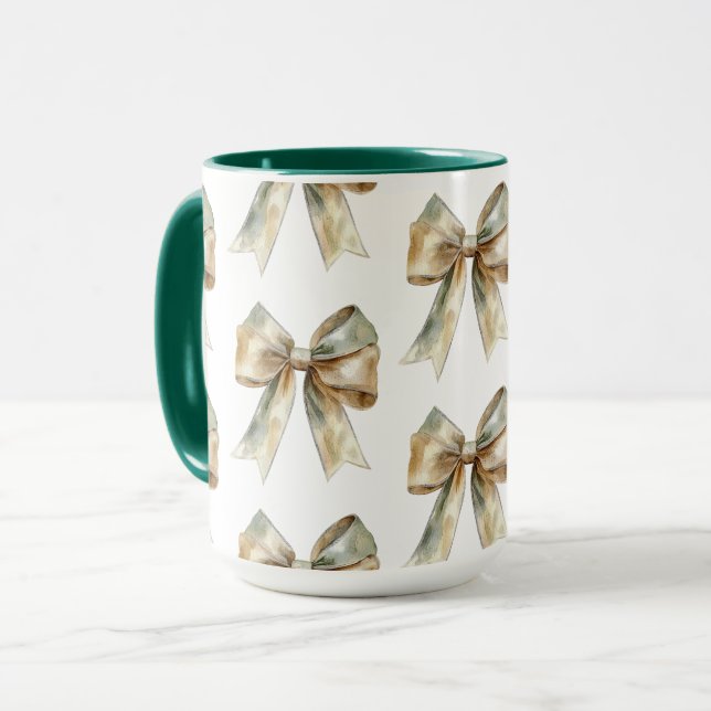 Jul Rustic White Grönt Guld Bows Mugg (Framsida vänster)