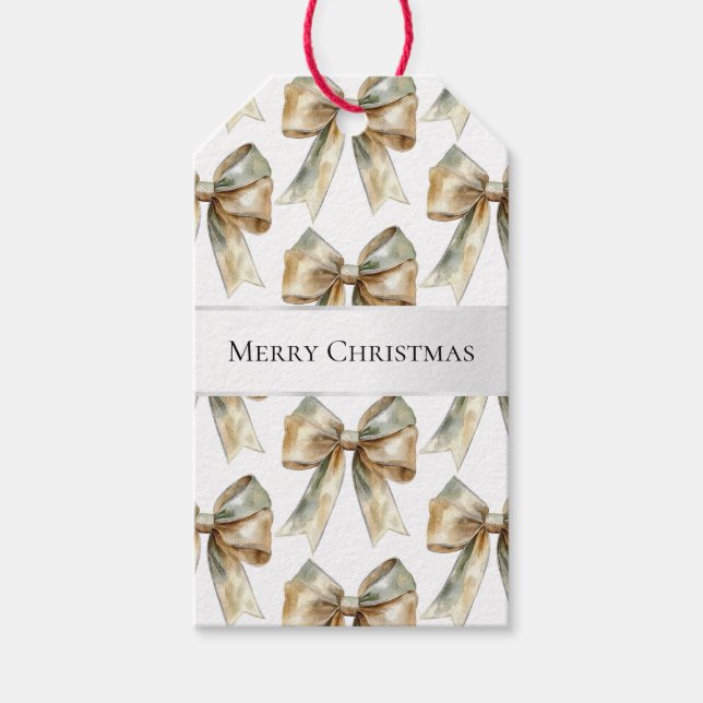 Jul Rustic White Grönt Guld Bows Presentetikett (Framsidan)
