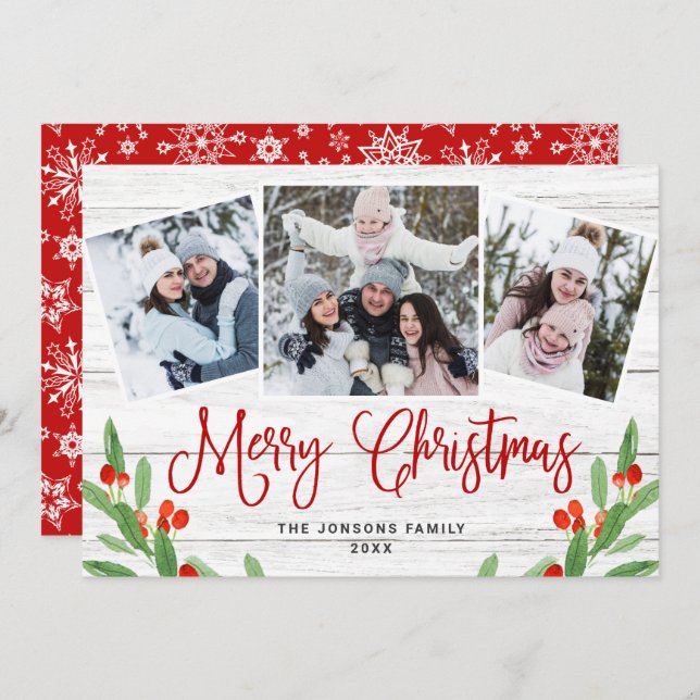 Jul Rustic White Wood 3 PHOTO Hälsning Julkort (Fram/baksida)