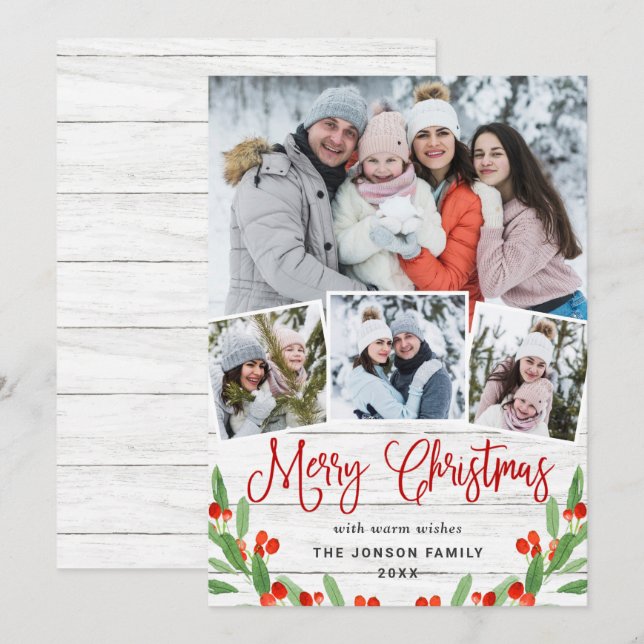 Jul Rustic White Wood 4 PHOTO Hälsning Holid Julkort (Fram/baksida)
