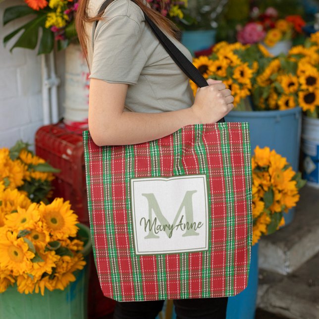 Jul Rustik Initial Röda Högtid Plaid Tygkasse (Christmas red and green monogram tote bag.)