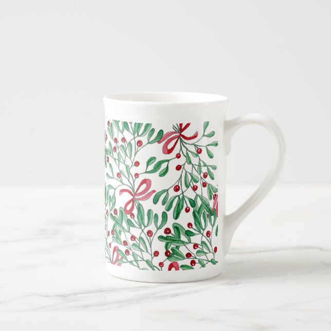 Jul Rustik Mistel Vattenfärg Handmålad Benporslin Mugg (Höger)