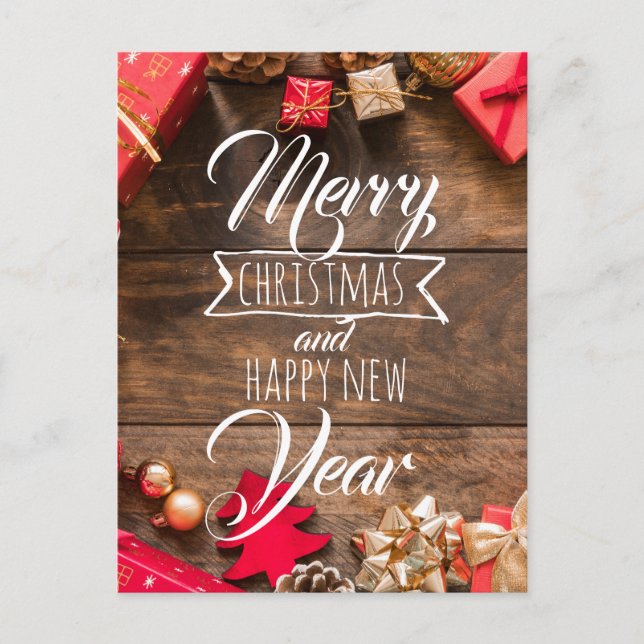 Jul Rustik Röd Guld Vit Typografi Jul Vykort (Framsida)