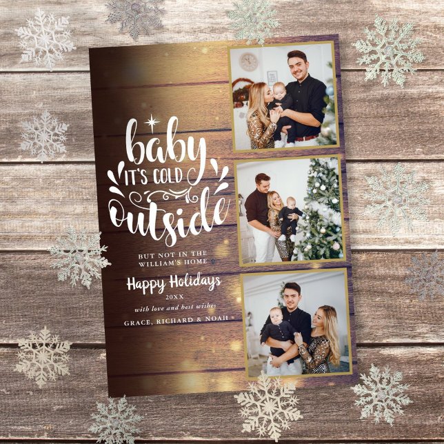 Jul Rustik Trä 3 Foto Collage Julkort (Christmas Rustic Wood 3 Photo Collage Holiday Card)