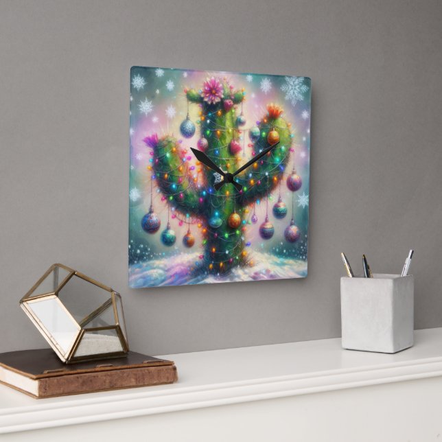 Jul Saguaro Cactus Whimsical Snöflingor Fyrkantig Klocka (Kontor)