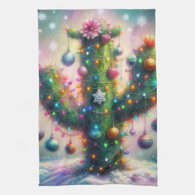 Jul Saguaro Cactus Whimsical Snöflingor Kökshandduk (Vertikal)