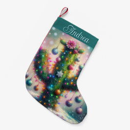 Jul Saguaro Cactus Whimsical Snöflingor Teal Liten Julstrumpa