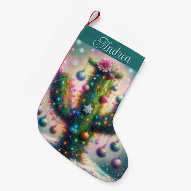 Jul Saguaro Cactus Whimsical Snöflingor Teal Liten Julstrumpa (Framsidan (Hängande))
