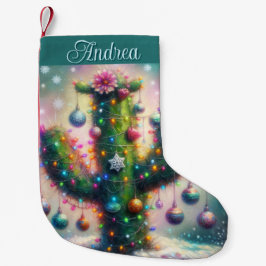 Jul Saguaro Cactus Whimsical Snöflingor Teal Liten Julstrumpa