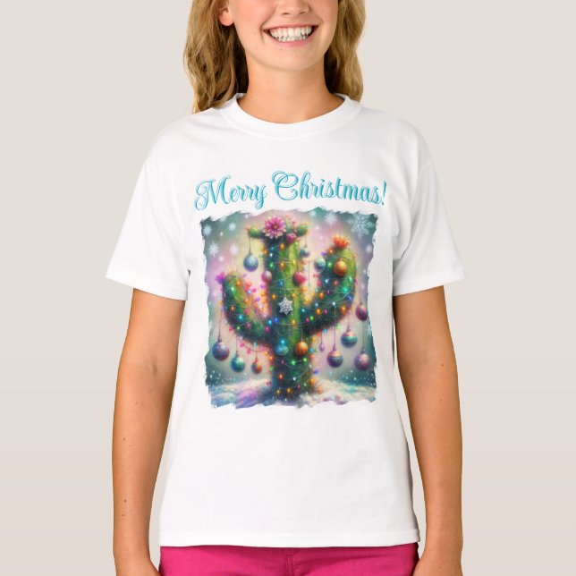 Jul Saguaro Cactus Whimsical Snöflingor Teal T Shirt (Framsida)