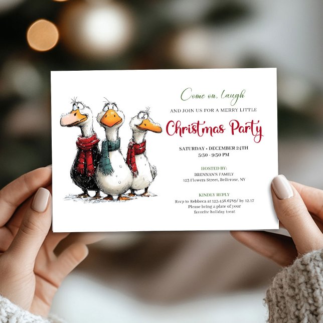Jul Sällsam Akvarell Gäss Humor Fest  Inbjudningar (Christmas Quirky Watercolor Geese Humor Party Invite)