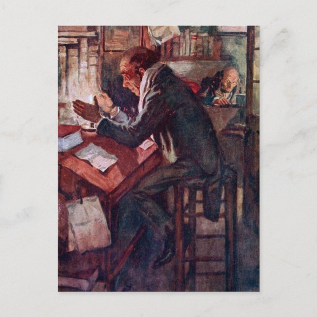 Jul Sång: Cratchit och Scrooge Vykort (Framsida)