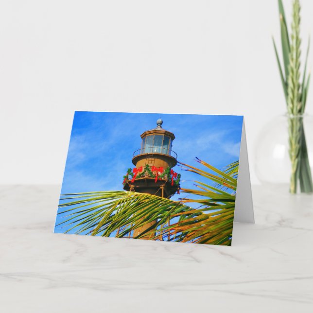 Jul Sanibel Lighthouse med handflatan träd Helgkort (Framsida)