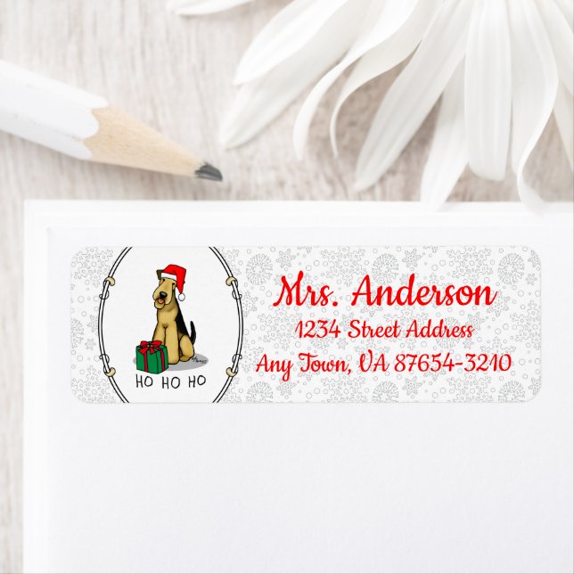 Jul Santa Airedale Terrier HO HO HO Cute Returadress Etikett (Insitu)
