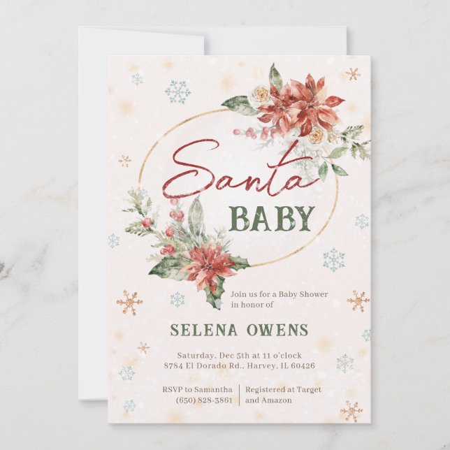 Jul Santa Baby Shower Poinsettia Red Guld Inbjudningar (Framsida)