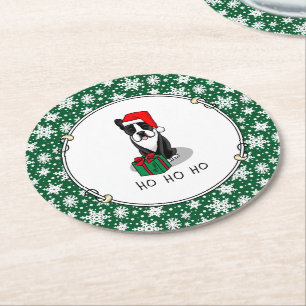 Jul Santa Boston Terrier (svart) Cute Underlägg Papper Rund