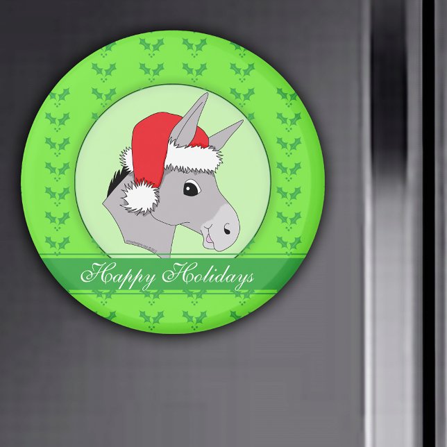 Jul: Santa Donkey Holly Cute Glad helg Magnet (Santa Donkey Holly Cute Happy Holidays Christmas Magnet)