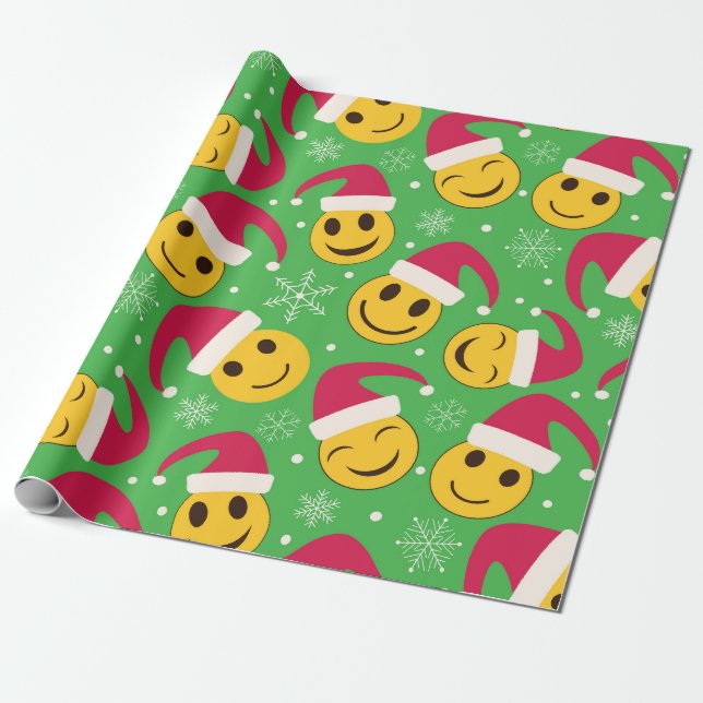 Jul Santa Glad Leende Ansikten Mönster Presentpapper (Utrullad)