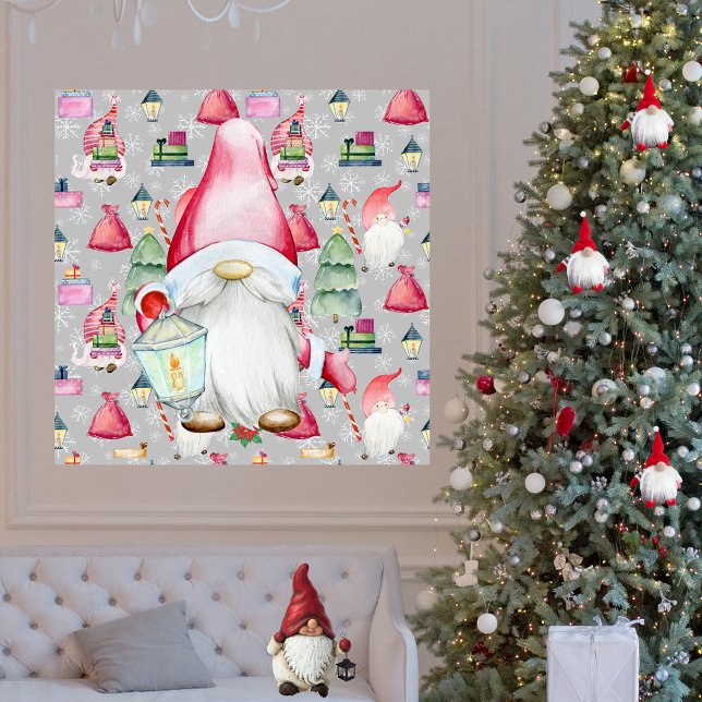 Jul Santa Gnome & Silver Mönster Bakgrund Poster (Christmas Santa Gnome & Silver Pattern Background Poster)