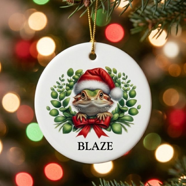 Jul Santa Hatt Bearded Dragon Anpassad Julgransprydnad Keramik (Skapare uppladdad)