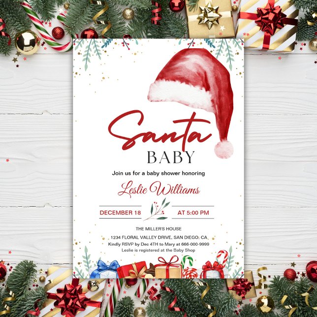 Jul Santa Hatt Vinter Bebis Shower Inbjudningar (Santa Hat Christmas Baby Shower Invitation)
