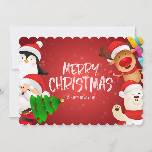 Jul Santa Pingvin Ren Isbjörn Julkort (Framsida)