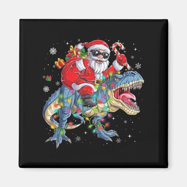 Jul Santa Ridande Dinosaurie Roliga Julbelysningar Magnet (Framsidan)