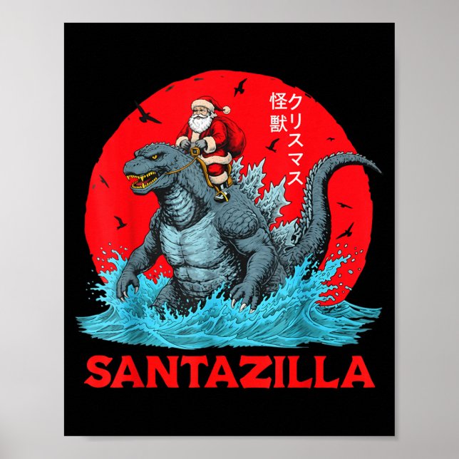 Jul Santa Ridning Japansk Monster Kaiju Sant Poster (Framsidan)